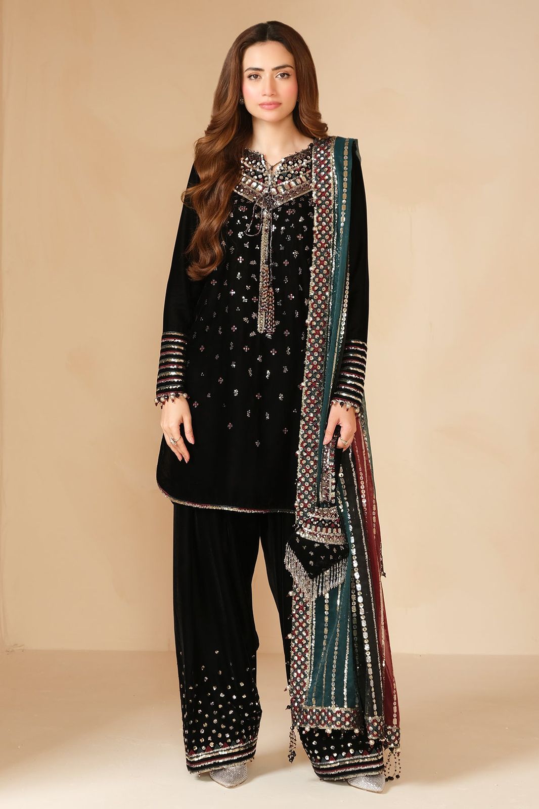 Luxury Velvet Embroidered 3-Piece Unstitched Suit | Sequin Work | Jazmin Inspired