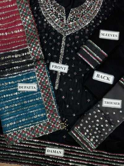 Luxury Velvet Embroidered 3-Piece Unstitched Suit | Sequin Work | Jazmin Inspired
