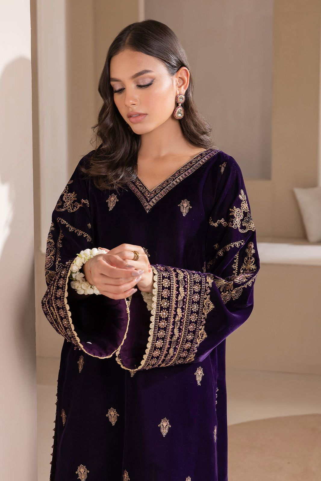 Luxury Velvet Unstitched 3-Piece Suit – Deep Purple | Heavy Embroidery & Sequin Work