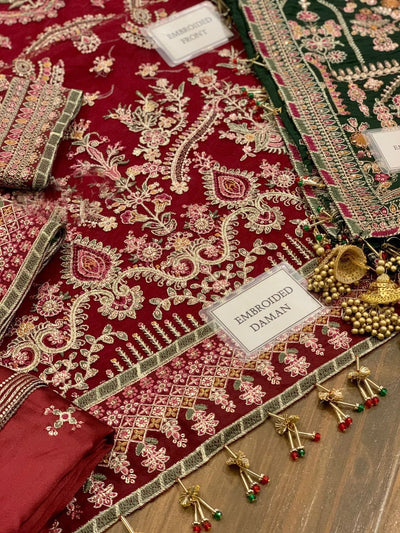 Luxury Net Embroidered 3-Piece Unstitched Suit – Sequin Work with Fancy Tassels & Shamosh Silk Trouser