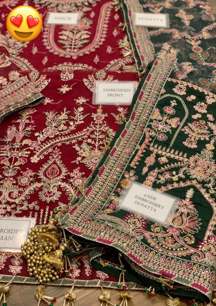 Luxury Net Embroidered 3-Piece Unstitched Suit – Sequin Work with Fancy Tassels & Shamosh Silk Trouser