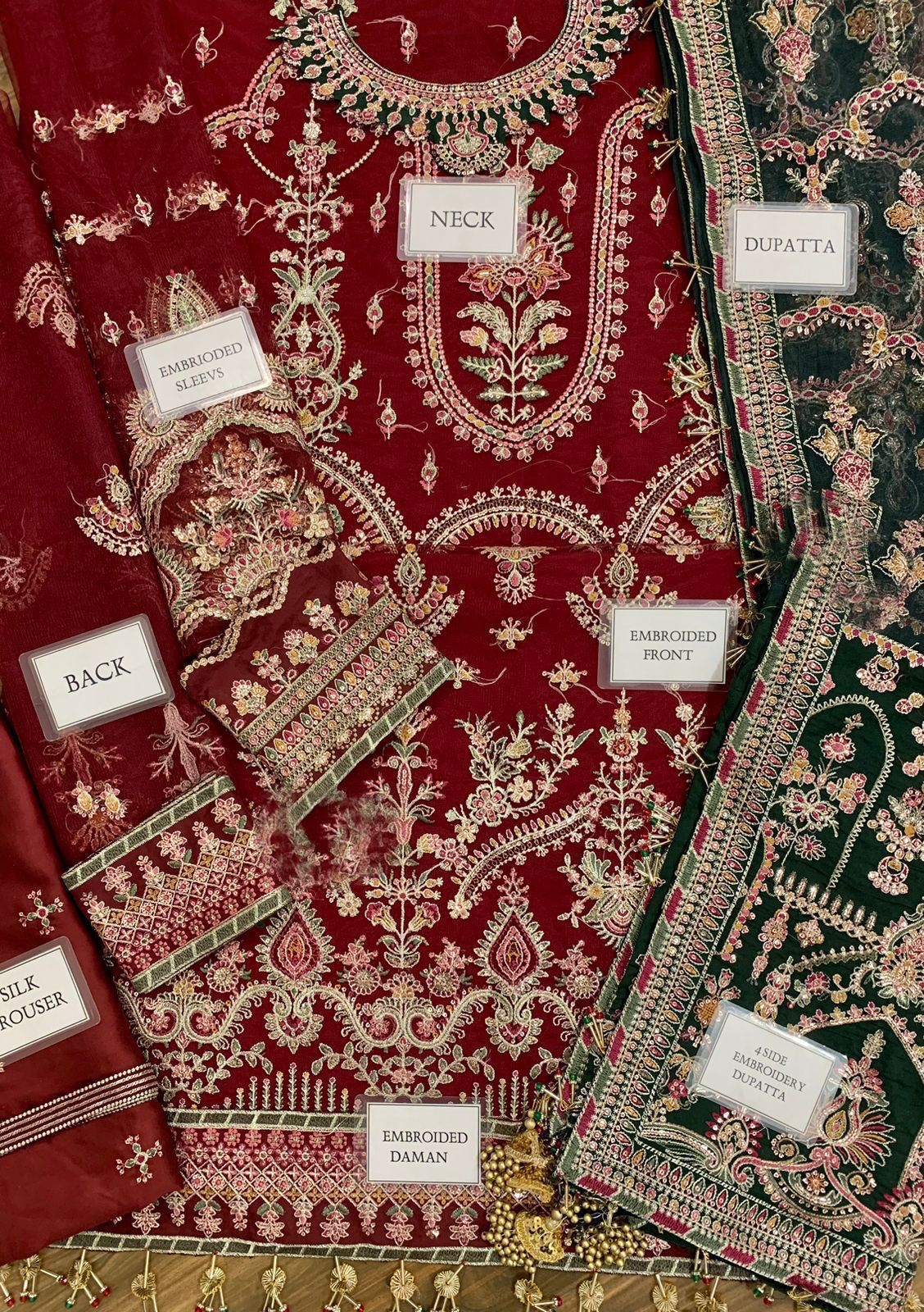 Luxury Net Embroidered 3-Piece Unstitched Suit – Sequin Work with Fancy Tassels & Shamosh Silk Trouser