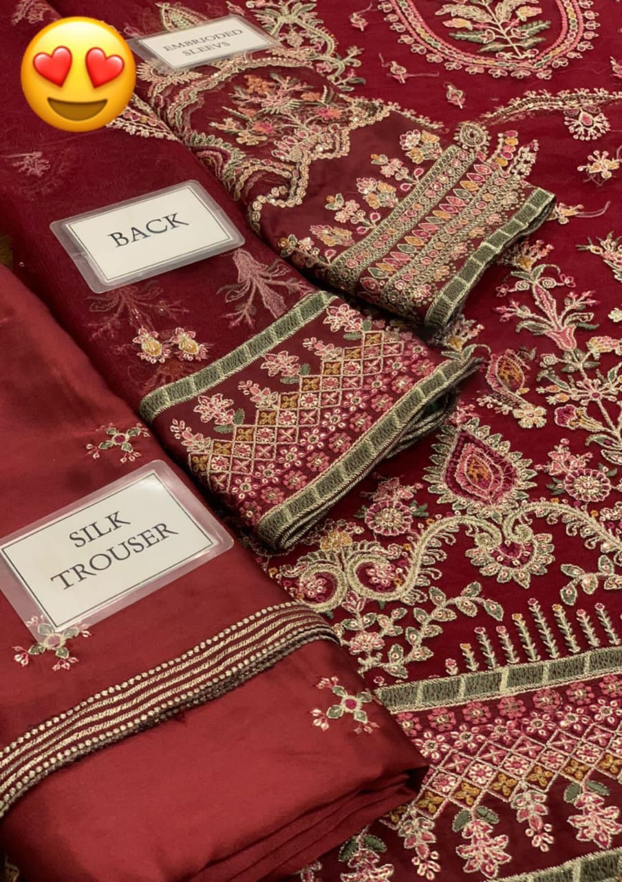 Luxury Net Embroidered 3-Piece Unstitched Suit – Sequin Work with Fancy Tassels & Shamosh Silk Trouser