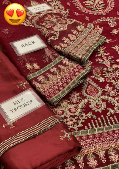 Luxury Net Embroidered 3-Piece Unstitched Suit – Sequin Work with Fancy Tassels & Shamosh Silk Trouser