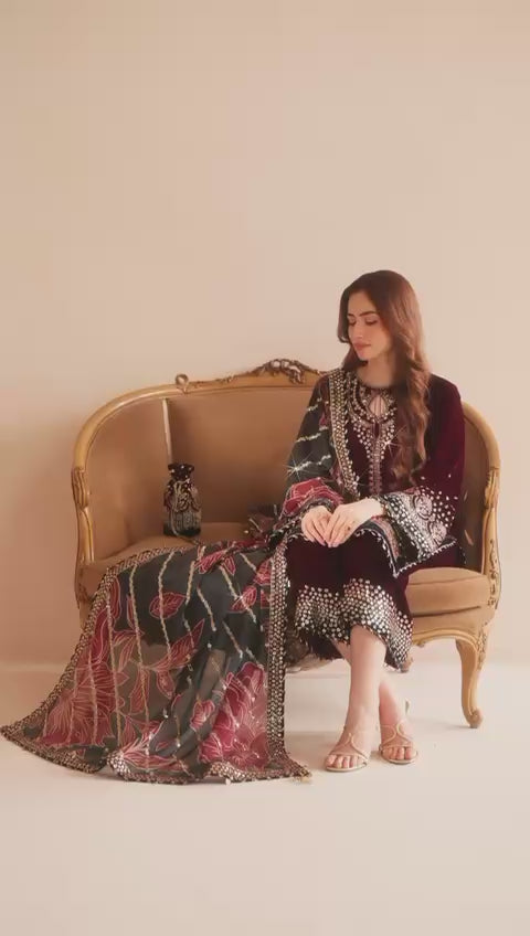 Luxury Velvet Unstitched 3-Piece Suit – Micron Velvet 9000 | Heavy Embroidery & Sequin Work