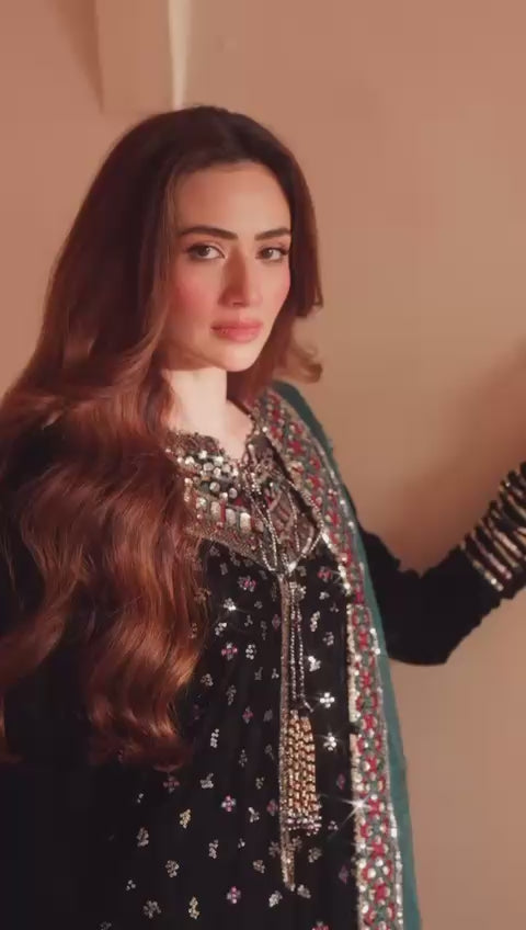 Luxury Velvet Embroidered 3-Piece Unstitched Suit | Sequin Work | Jazmin Inspired